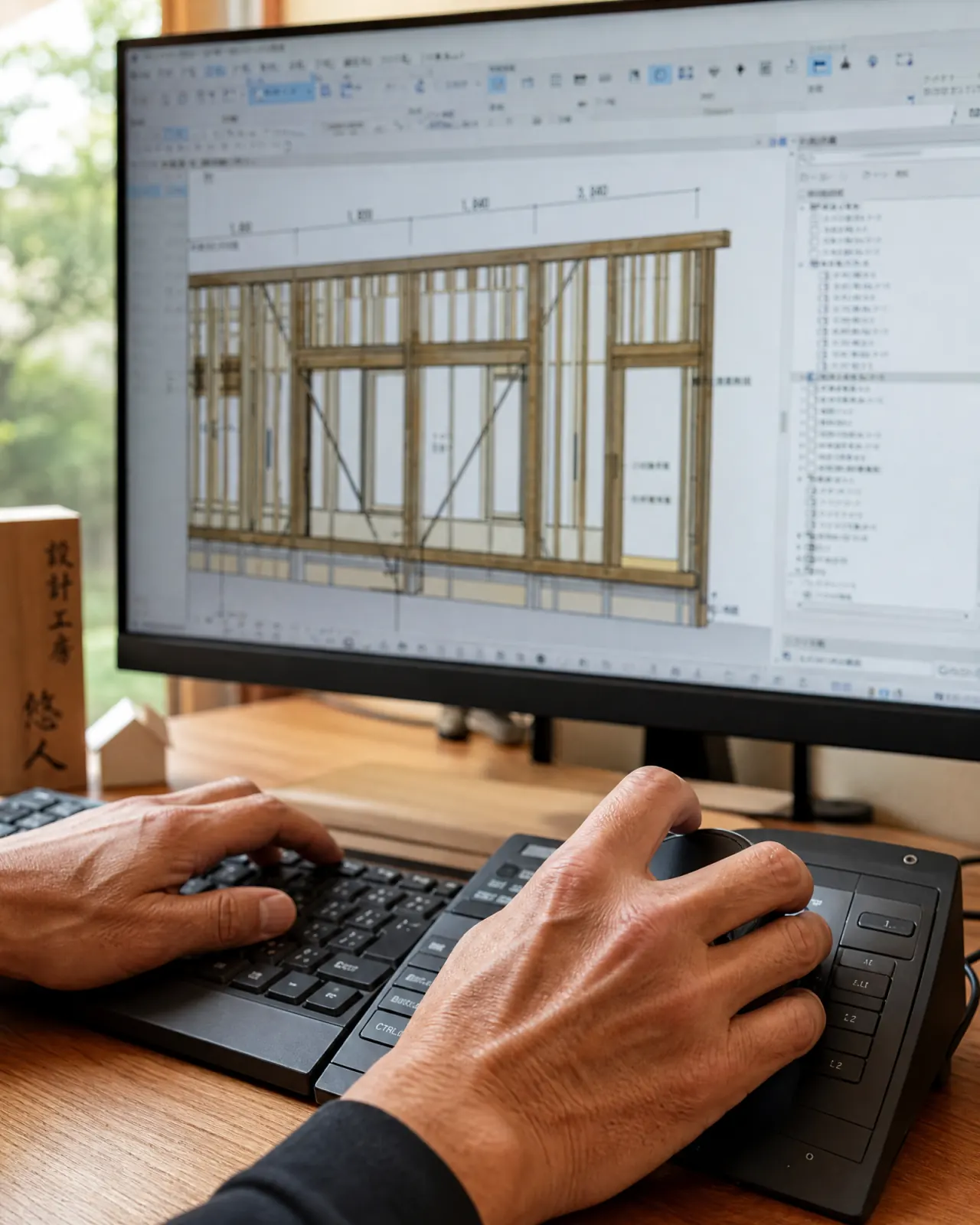Close-up tay đang vẽ CAD với ArchiCAD trên màn hình