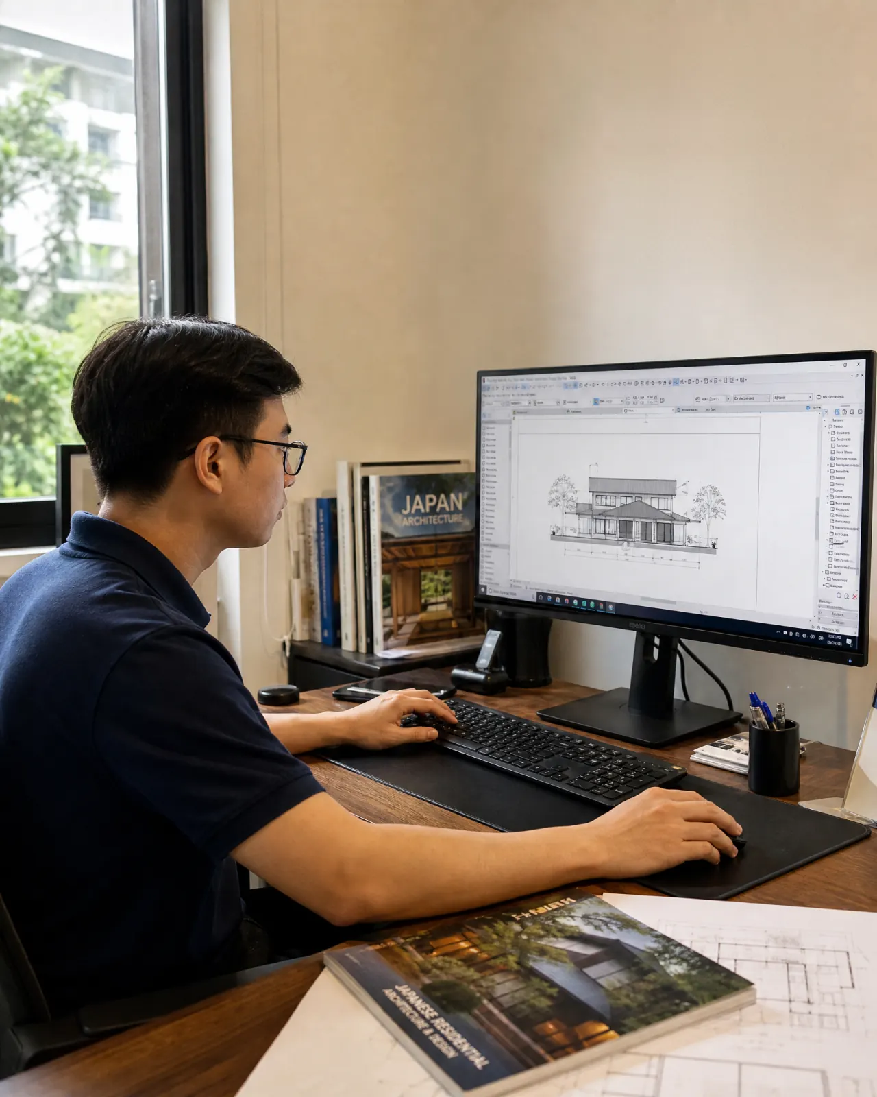 Kỹ thuật viên CAD đang làm việc với ArchiCAD tại văn phòng A.S.T.R